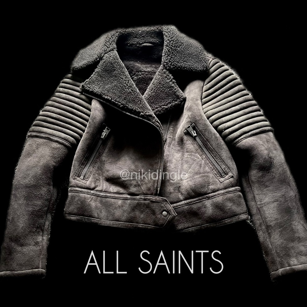 Rare All Saints Shearling Jacket Moto Biker Leather Sheepskin Quilted Coat S 6
